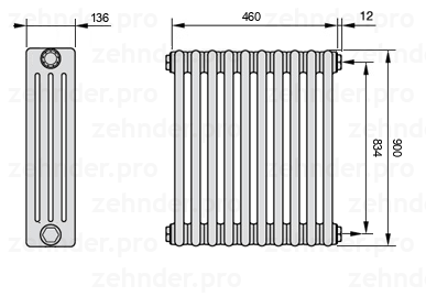 Схема (чертеж) Радиатор Zehnder Charleston 4090/10 №7610 Белый глянцевый RAL 9016